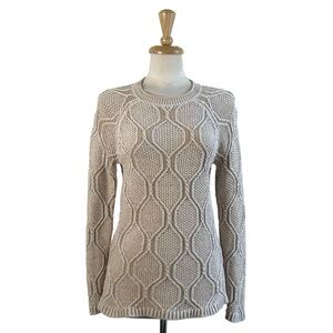 LANDS END Sweater Baumwolle Beige White Knit Long Sleeve CrewNeck Fitted